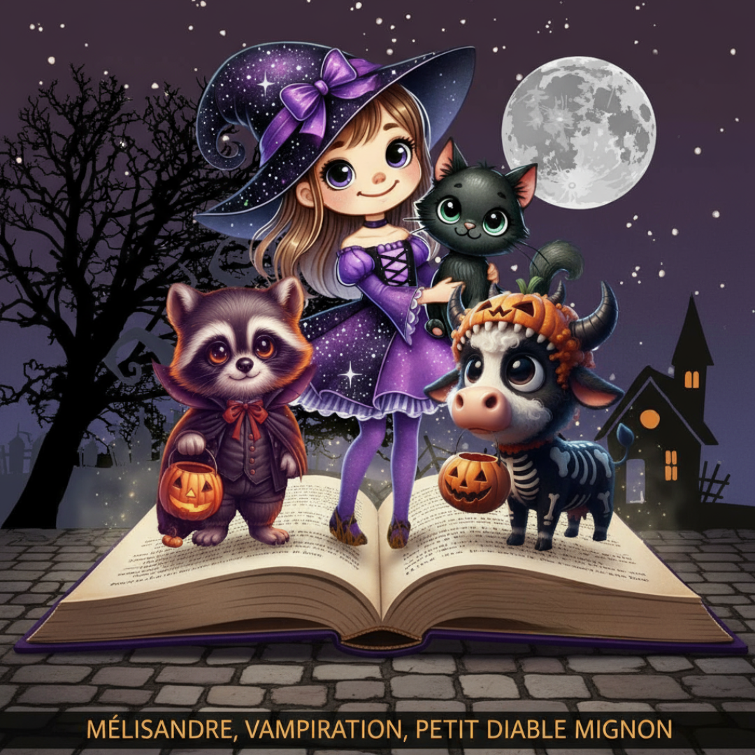 Charger la vidéo : VF : Mélisandre et ses amis, Animation colorée de Mélisandre, une jeune sorcière vêtue d’une robe violette parsemée d’étoiles, accompagnée de Pipo, une petite vache déguisée en diable, et de Vampiraton, un raton laveur souriant. Ils dansent et chantent joyeusement sous un ciel nocturne étoilé, ponctué de citrouilles éclairées et de fantômes discrets. La mélodie évoque l’ambiance douce et magique d’Halloween, tandis que les trois personnages collectent des bonbons et explorent un château en carton orné de toiles d’araignées.
