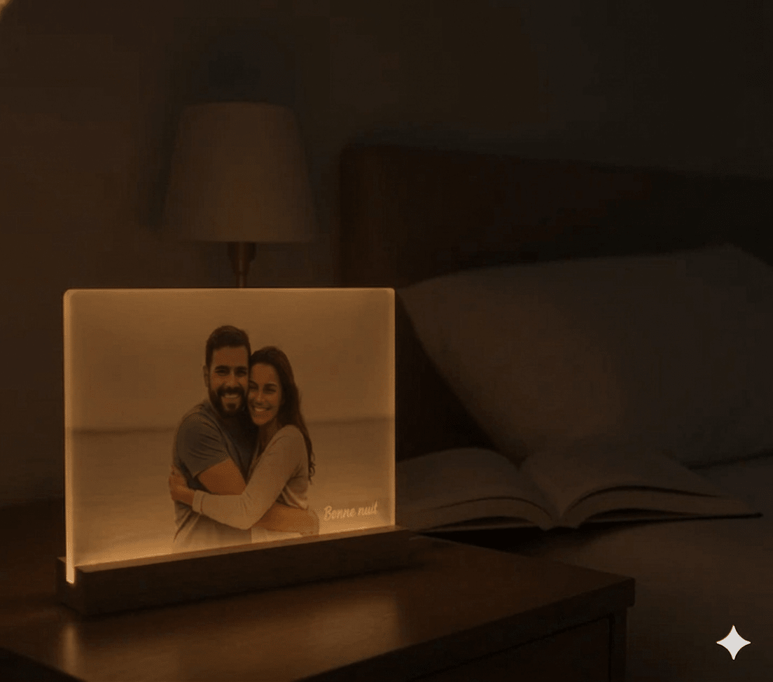 Cadre photo lumineux ambiant 6x8 personnalisé – Verre & base bois - Petite Sublime