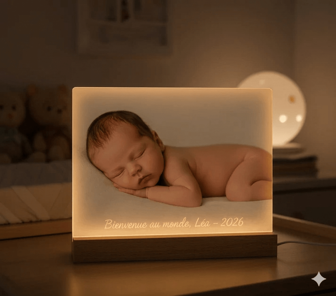 Cadre photo lumineux ambiant 6x8 personnalisé – Verre & base bois - Petite Sublime