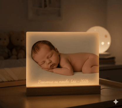 Cadre photo lumineux ambiant 6x8 personnalisé – Verre & base bois - Petite Sublime