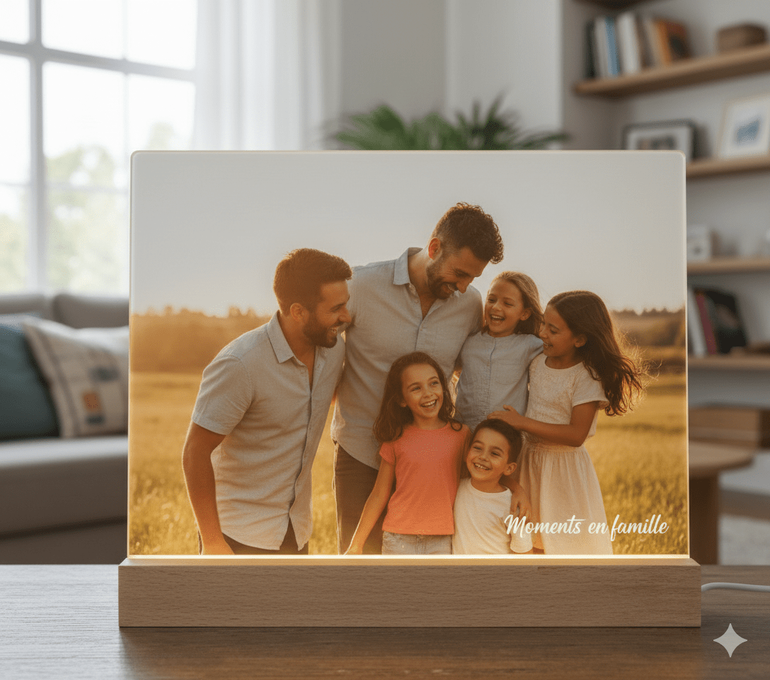 Cadre photo lumineux personnalisable 6X8 – Verre trempé & base bois - Petite Sublime