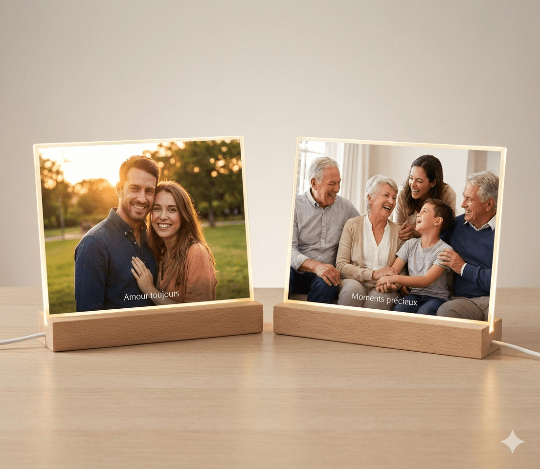 Cadre photo lumineux personnalisable 6X8 – Verre trempé & base bois - Petite Sublime