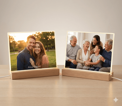 Cadre photo lumineux personnalisable 6X8 – Verre trempé & base bois - Petite Sublime